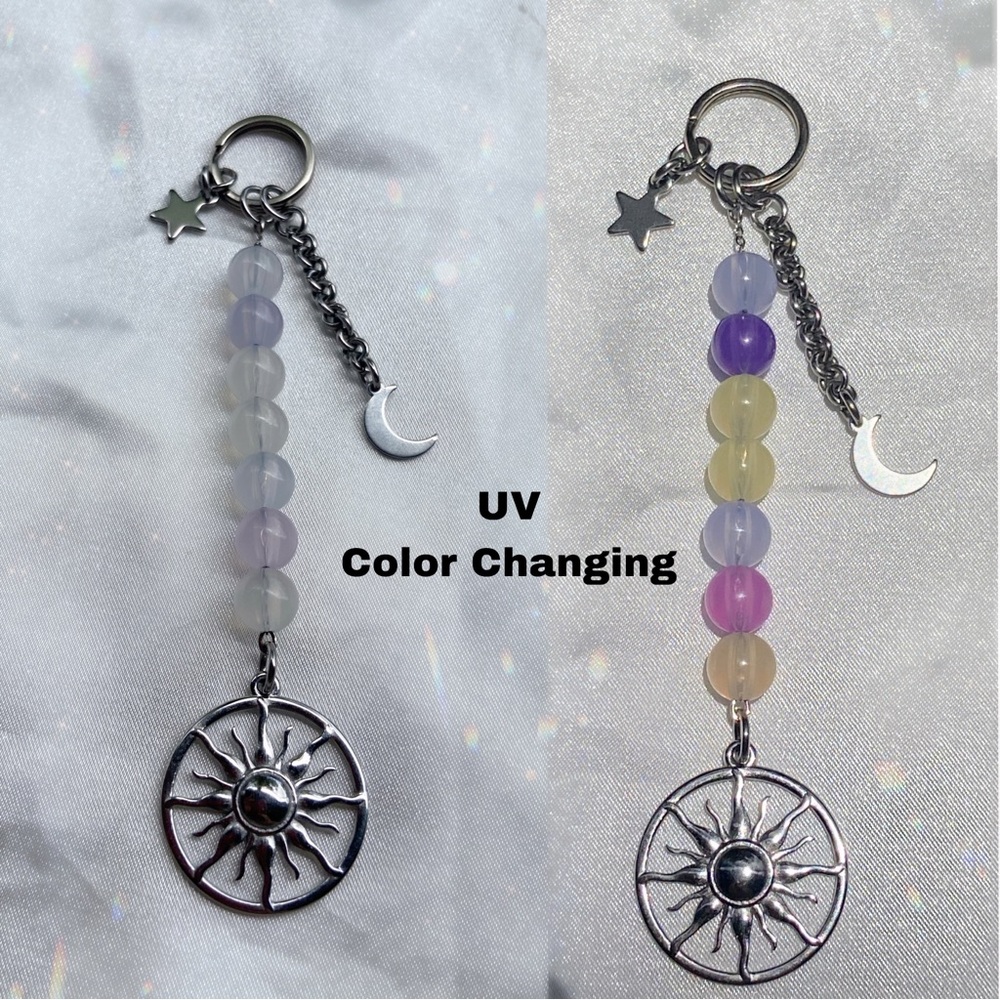 UV Color Changing Silver Stainless Steel Celestial sun moon star charm keychain